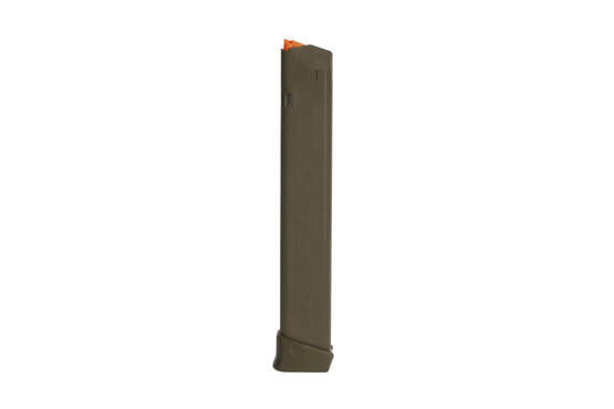 Glock OEM model 17 5th gen 33-round hi capacity mags have an ODG finish and extended base plate for fast magazine changes